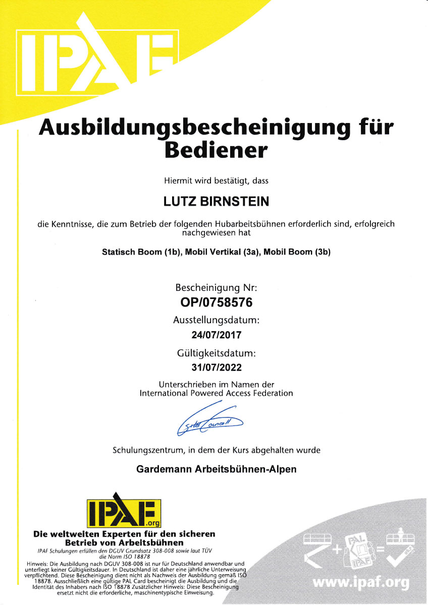 Zertifiziert für den sicheren Betrieb von Hubarbeitsbühnen